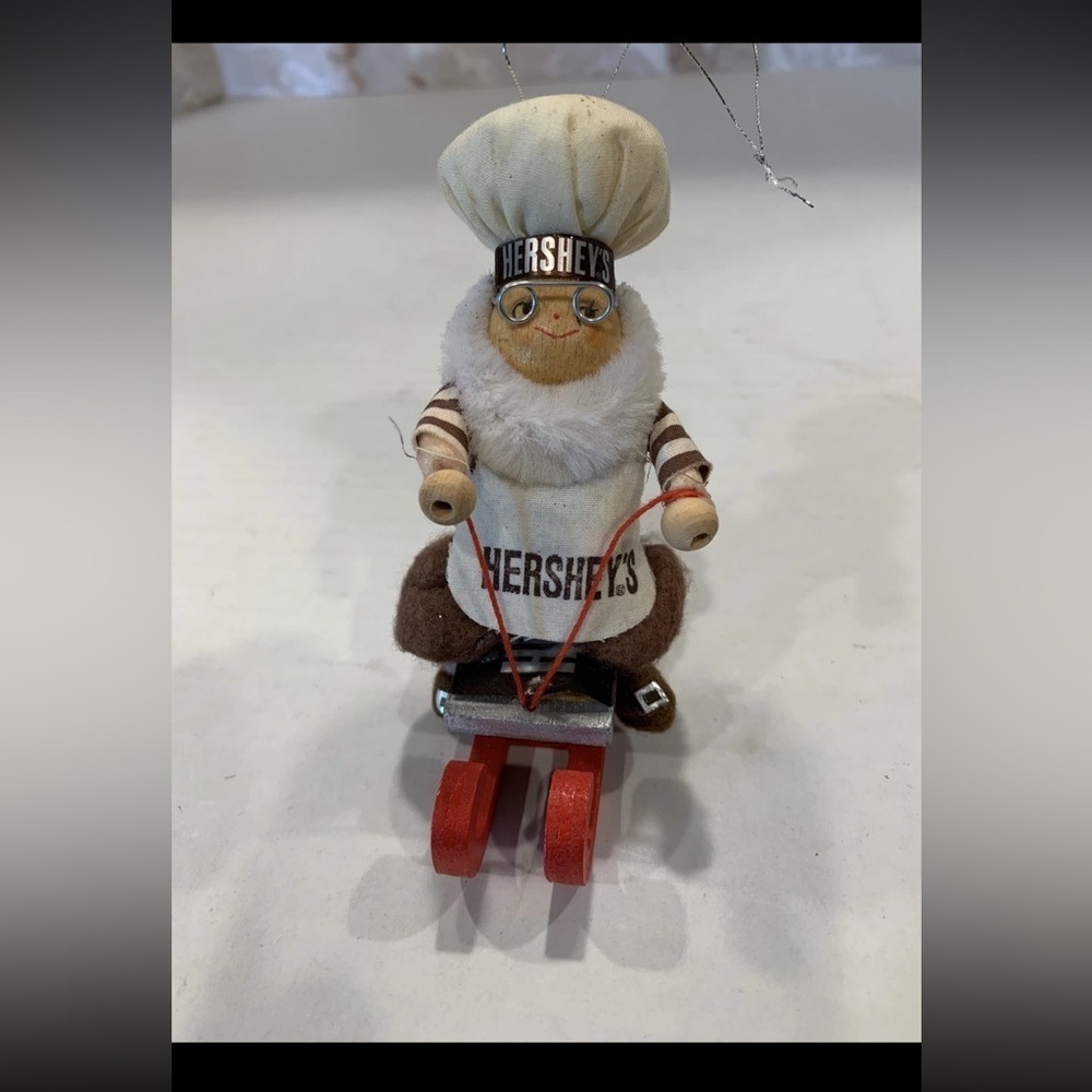 Vintage Kurt Adler Hersheys Chocolate Elf Chef on Wood Sled Christmas Ornament